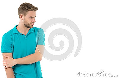 Athlete injured elbow joint. Man suffers old trauma chronic pain elbow white background. Sportsman risks taker Stock Photo