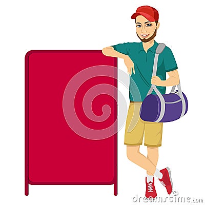 Athlete leaning against a red blank board Vector Illustration