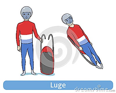 Athlete Luger. Young man with sledge standing and in motion. Winter sport, Luge. Vector Illustration, on white. Vector Illustration