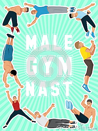 Athlete man poster vector illustration. Gymnastics training. Exercising male gymnast in different poses. Man figures are Vector Illustration