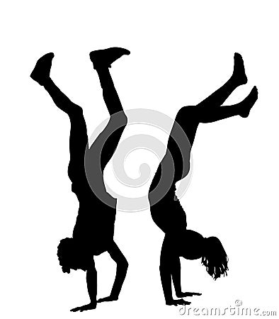 Athlete man and woman, hand stand couple in love vector silhouette illustration isolated on white. Acrobat girl and boy upside. Vector Illustration