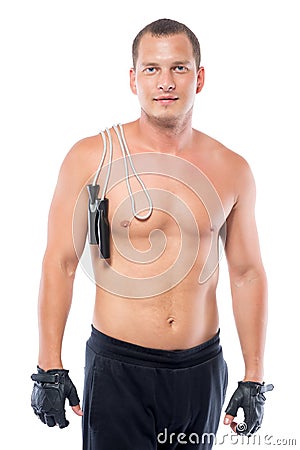 athlete with naked breast and rope on a shoulder Stock Photo