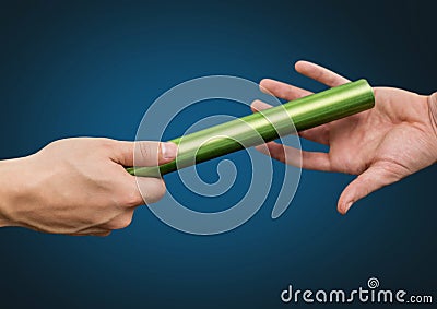 Athlete passing baton against blue background Stock Photo