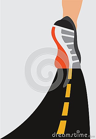 Athlete runner feet running on road closeup on shoe. woman fitness sunrise jog workout wellness concept. Vector Illustration
