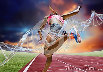 athlete running on the track behind dna chain Stock Photo