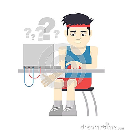 Athlete Sitting at the Computer Vector Illustration