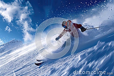 An athlete skier makes a descent on a snowy mountain. Skiing Stock Photo