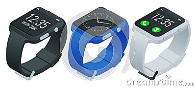Athlete smart watch or fitness bracelet. Isometric smart watch isolated on white. Smartwatch reflected on white surface Vector Illustration