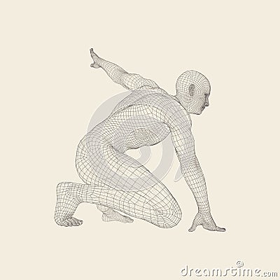 Athlete at Starting Position Ready to Start a Race. Runner Ready for Sports Exercise. Human Body Wire Model. Sport Symbol. 3d Vector Illustration