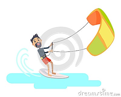 Athlete Takes Part at Kite Surfing Spain Festival Vector Illustration