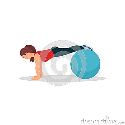 Young athlete woman doing plank exercise using fitness ball. Physical activity and healthy lifestyle. Flat vector design Vector Illustration