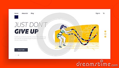 Athlete Woman with Fit Body Exercising Activity in Gym Landing Page Template. Sportswoman Character Battle Rope Training Vector Illustration