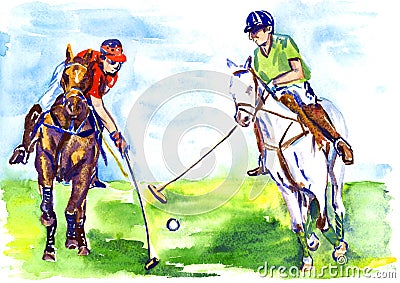 Athletes on horseback playing polo in the sunny summer day Cartoon Illustration