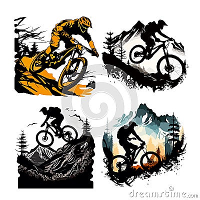 Athletes on mountain bikes in the background of mountain landscapes. For your design or logo Stock Photo