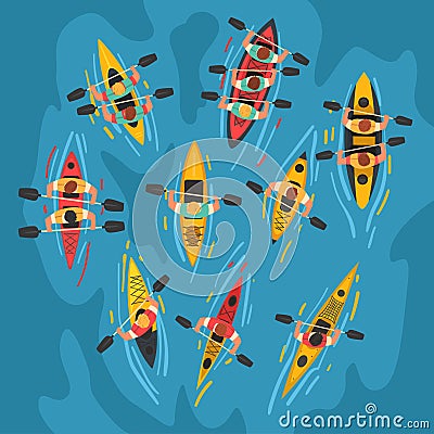 Athletes Paddling Kayaks Set, Kayaking Water Sport, Outdoor Activities in Summertime, Top View Vector Illustration Vector Illustration