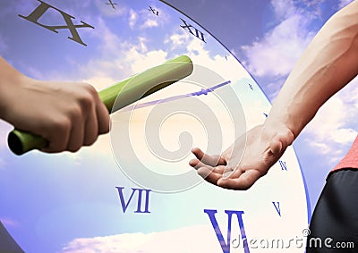 Athletes passing the baton against digitally generated clock in background Stock Photo