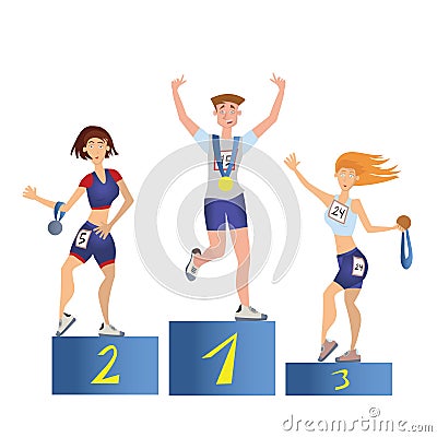 Athletes on the podium. Man and women with medals. Sport competition. Vector illustration, isolated on white. Vector Illustration