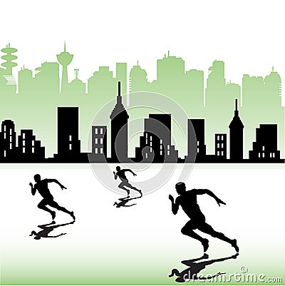 Athletes running near a city Vector Illustration