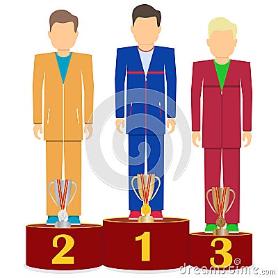 Athletes stand on the podium. Athletes with sports cups are on the podium. Cartoon Illustration