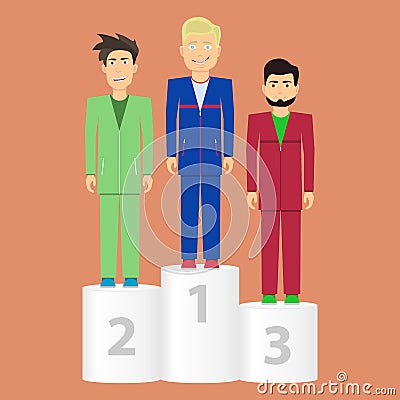 Athletes stand on the podium. Sports podium. Cartoon Illustration