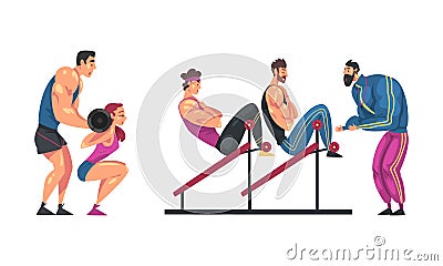 Athletes training with coach set. Girl exercising with barbell, men doing abs on abdominal crunch bench cartoon vector Vector Illustration