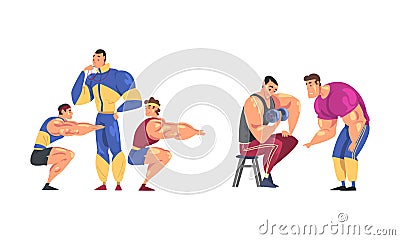 Athletes training with coach set. Muscular men doing squats and exercising with kettlebell cartoon vector illustration Vector Illustration