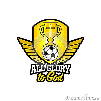 Athletic Christian logo. Gold shield and goblet, wings and soccer ball. Emblem for competition, ministry, conference, camp Vector Illustration
