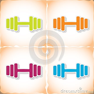 Athletic dumbbell. Flat sticker with shadow on old paper Vector Illustration