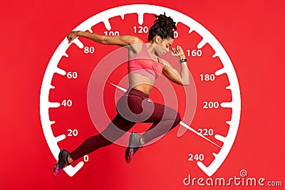 Young female sprinter running on red background. Collage with speed recorder. Panorama Stock Photo