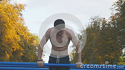 Athletic man doing push ups on parallel bars at sports ground in city park. Strong young muscular guy training outdoor Stock Photo