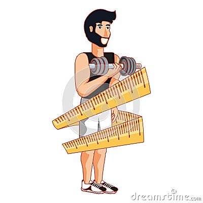Athletic man with dumbbell and measuring tape Vector Illustration