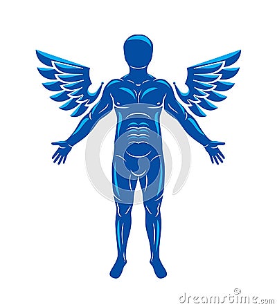 Athletic man vector illustration isolated on white. Guardian angel, Holy Spirit concept. Vector Illustration