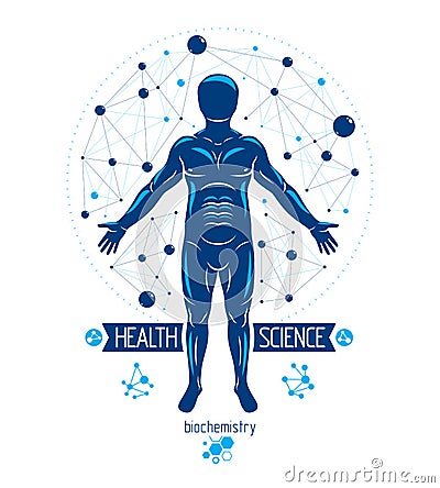 Athletic man vector illustration made using futuristic molecular connections. Human as the object of biochemistry research, Vector Illustration