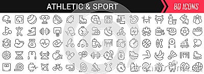 Athletic and sport linear icons in black. Big UI icons collection in a flat design. Thin outline signs pack. Big set of icons for Vector Illustration