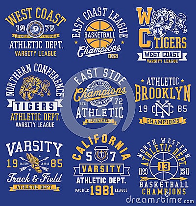 Athletic themed graphics, emblems and layout set Vector Illustration