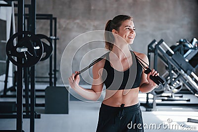 Athletic type of body. Photo of gorgeous blonde woman in the gym at her weekend time Stock Photo