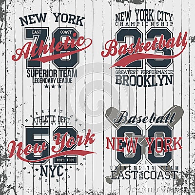 Athletic vintage t-shirt graphic designs. Set of print stamps, athletic, baseball, basketball Vector Illustration