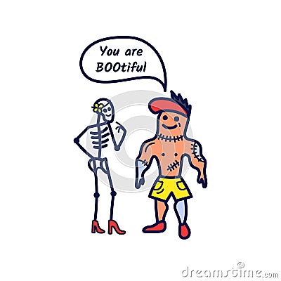 Athletic zombie make a compliment to the girl skeleton Vector Illustration