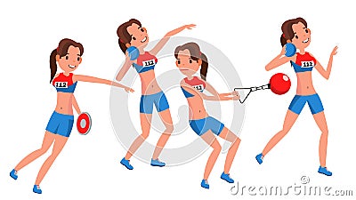 Athletics Female Player Vector. Playing In Different Poses. Woman. Athlete Isolated On White Cartoon Character Vector Illustration