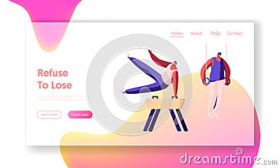 Athletics Male Characters Training or Compete on Olympic Games Exercising on Vaulting Horse, and Sports Rings, Gymnastics Vector Illustration