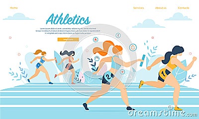 Athletics Sportswomen Take Part in Relay Race Run Vector Illustration