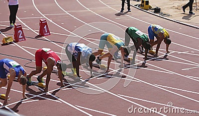 Athlets running 100 meters on the IAAF World U20 Championship in Tampere, Finland 10 July, 2018 Editorial Stock Photo