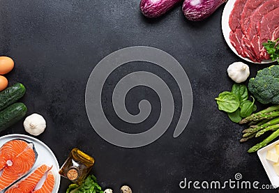 Atkins Diet food ingredients on balck chalkboard, health concept, top view with copy space Stock Photo
