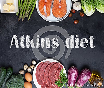 Atkins Diet food ingredients on balck chalkboard, health concept, top view with copy space. Concept with text Stock Photo