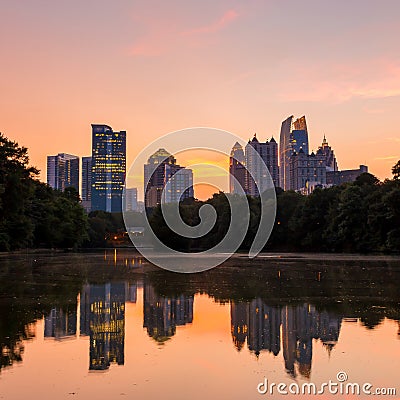 Atlanta Skyline from Piedmont Park's Lake Meer. Stock Photo