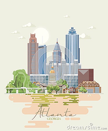 Atlanta. Welcome to Georgia USA. Peach state vector poster. Travel background in flat style. Vector Illustration