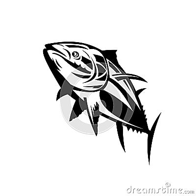 Atlantic Bluefin Tuna Swimming Up Retro Black and White Vector Illustration