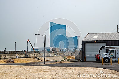 Harrahs and Borgatta casinos are seen in the background of a view of the Atlantic City sewage treatment plant Stock Photo