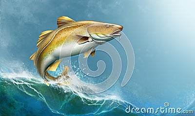 Atlantic Cod fish attack fish bait jigs and stakes spoon bait jumping out of water illustration isolate realistic. Cartoon Illustration