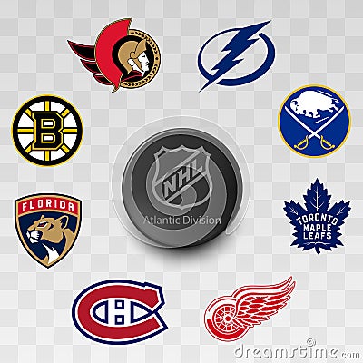 Atlantic Division. Boston Bruins, Buffalo Sabres, Detroit Red Wings, Florida Panthers, Montral Canadiens, Ottawa Senators, Tampa Vector Illustration